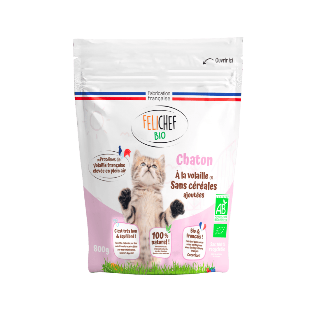 Un sac de croquettes sans céréales bio pour chaton est au centre de l’image. Le sac rose de 800 grammes contient des croquettes naturelles saveur volaille. Le fond est blanc.