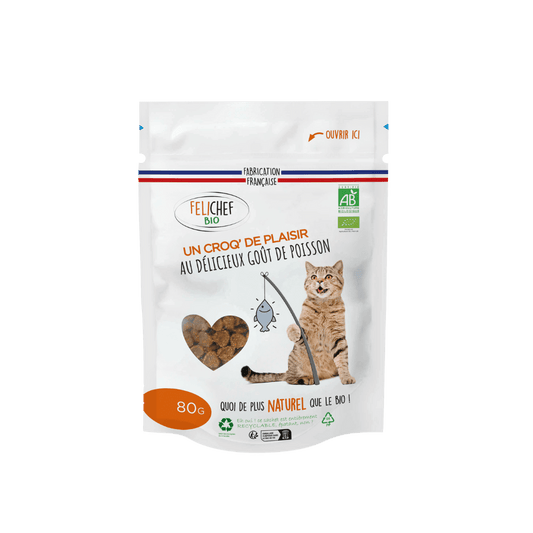 Un sachet de friandises pour chien est au centre de l’image. Le sachet de 80 gr continent des friandises naturelles saveur poisson. Le fond est blanc.