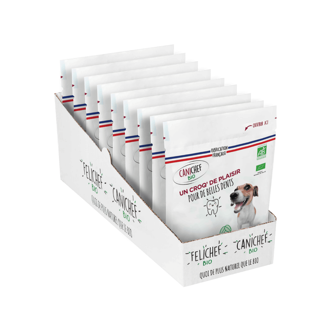 Un pack de 9 sachets de friandises hygiène bucco-dentaire pour chien est au centre de l’image. Les sachets de 120 gr contiennent des friandises naturelles. Le fond est blanc.