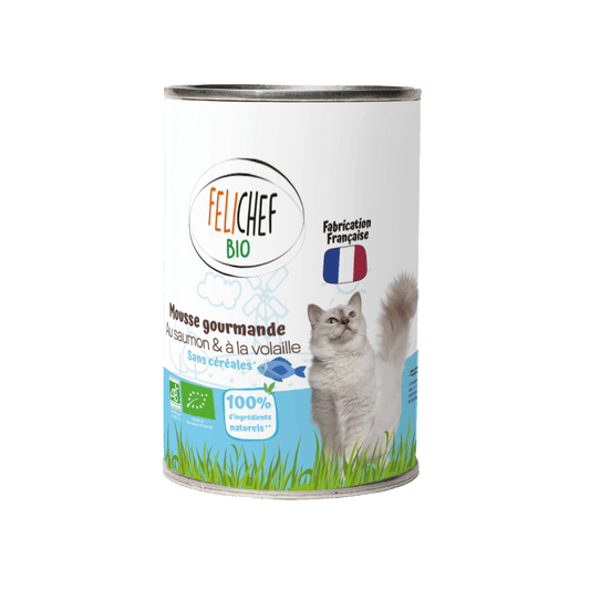 Une boîte de conserve de 400 grammes de mousse au saumon pour chat est au centre de l'image. Le fond est blanc.