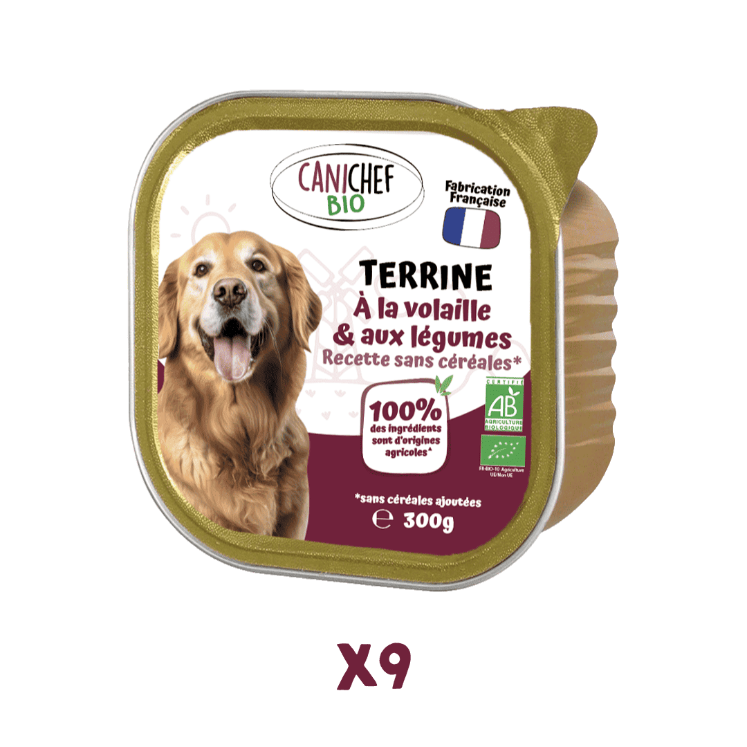 Une boîte de terrine pour chien saveur volaille est légume est au centre de l'image (300 grammes). Un numéro indique "9 fois" car le fabriquant vend 9 boîtes de cette pâtée pour chien.