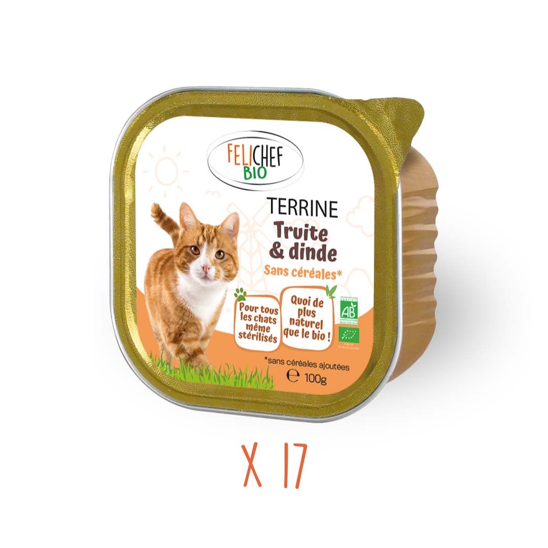 Une pâtée pour chat saveur truite est au centre de l'image. Un x17 est en dessous pour indiquer que l'on achète un pack de 17 patees. Le fond est blanc.