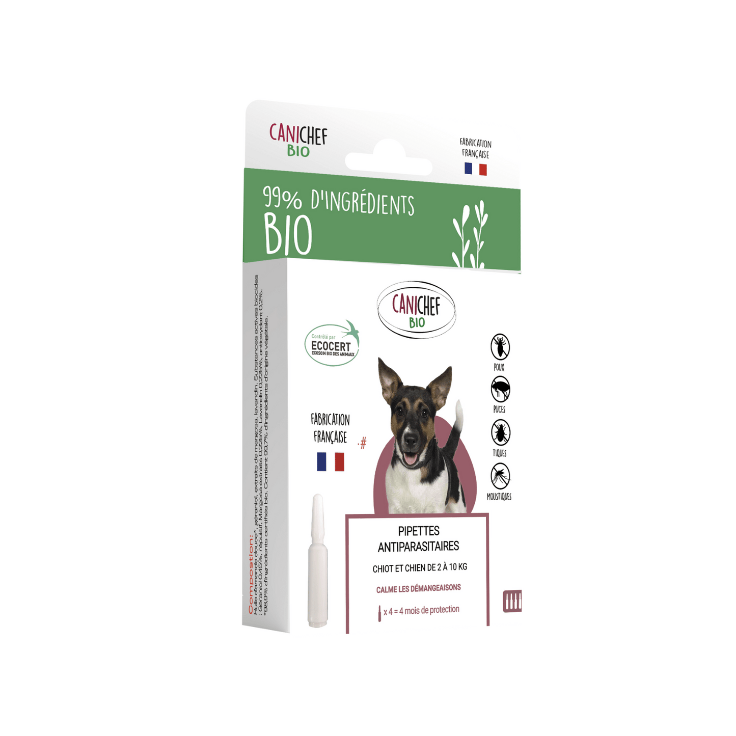 Un sachet de 4 pipettes anti parasites pour chiot et petit chien est au centre de l'image. Le sachet indique que 99% des ingrédients sont d'origines bio.Le fond est blanc
