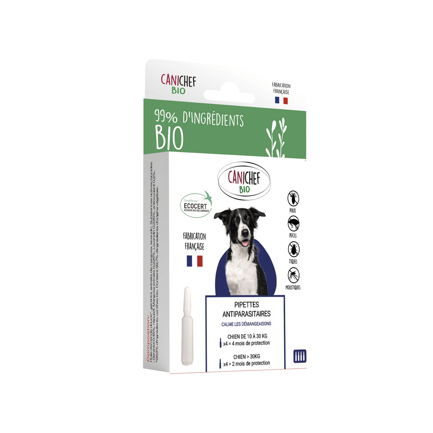 Un sachet de pipettes bio anti parasites naturelles pour grands chiens de 10 à 30 kg et de plus de 30 kg. Une inscription verte indique que 99% d'ingrédients sont d'origines bio.