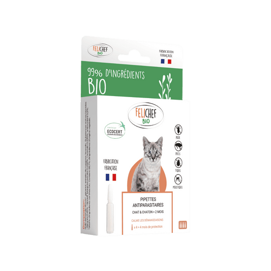 Un sachet de 4 pipettes antiparasite pour chat et chaton est au centre de l'image. Le sachet est blanc avec une inscription expliquant qu'il y a 99% d'ingrédients d'origine bio.