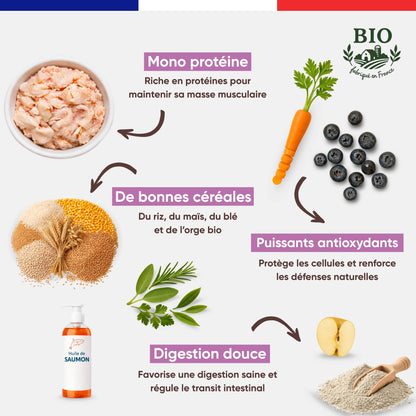 Aliments clés des croquettes pour chien moyenne et grande race Canichef Bio : mono protéine volaille, bonnes céréales bio riz maïs blé orge, puissants antioxydants myrtilles carottes et digestion douce à l'huile de saumon