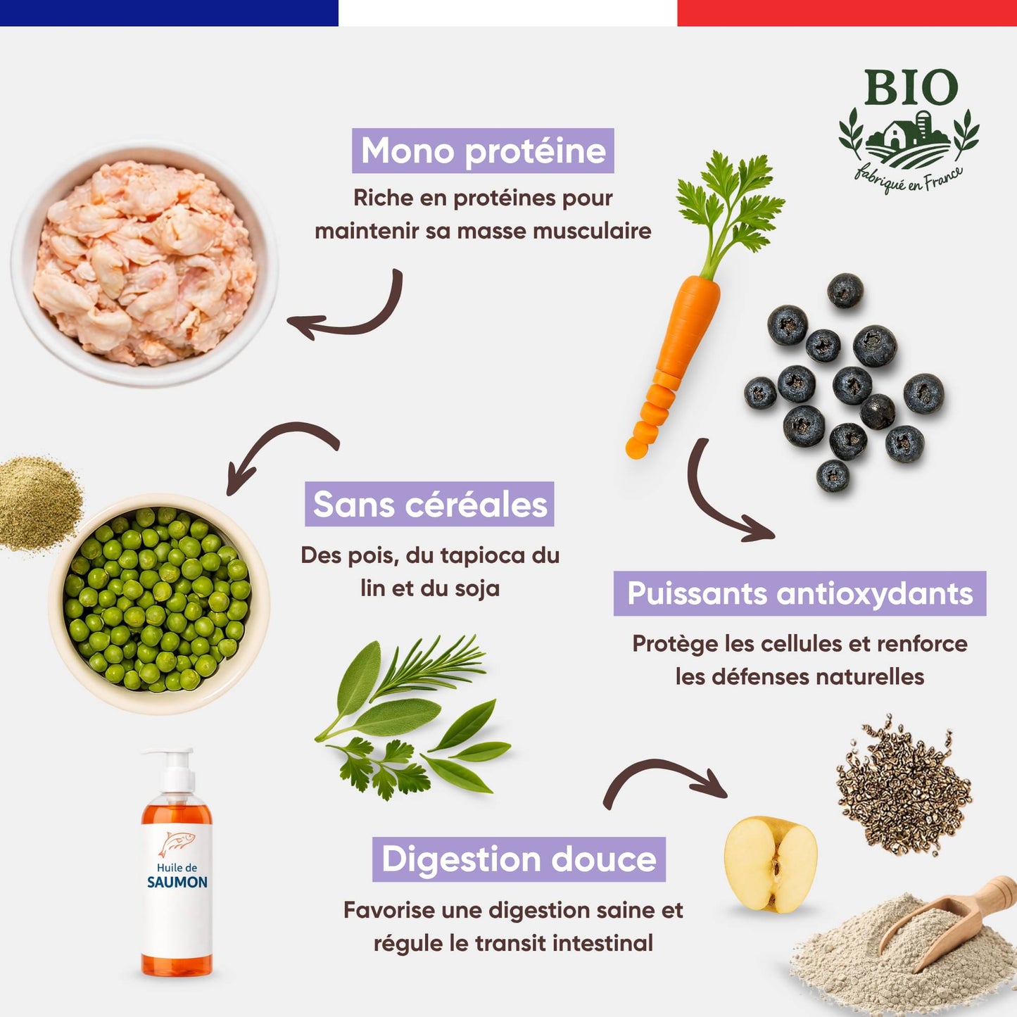 Aliments clés des croquettes sans céréales pour chiot Canichef Bio : mono protéine volaille, pois tapioca lin et soja, puissants antioxydants myrtilles carotte et digestion douce à l'huile de saumon pomme et graines de chia