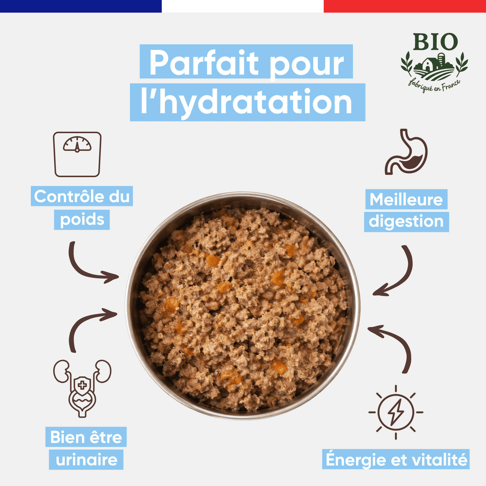 Gamelle en inox remplie d'émincés pour chat au saumon bio Félichef, avec les bienfaits clés : hydratation, contrôle du poids, meilleure digestion, bonne santé urinaire et vitalité