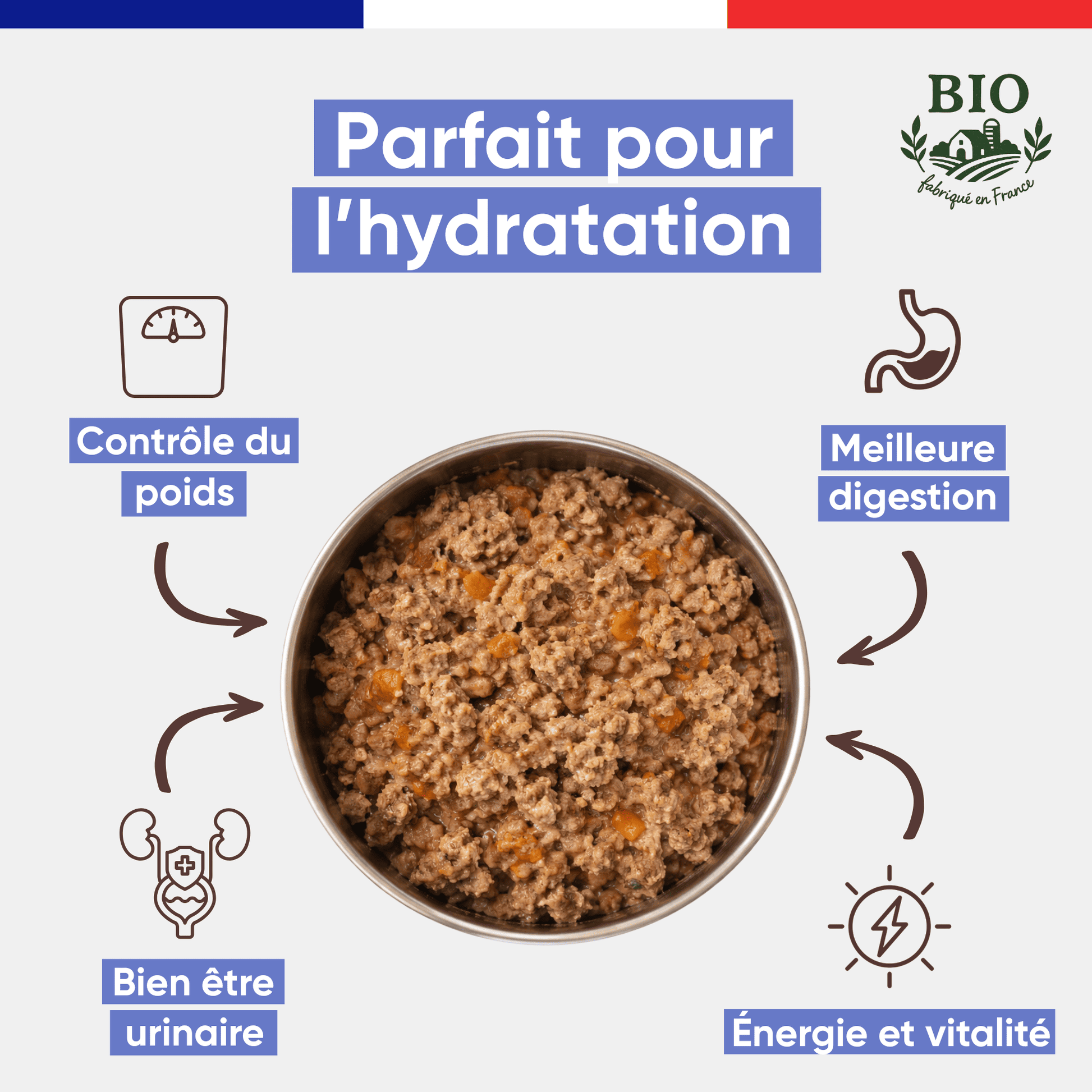 Infographie Félichef Bio présentant les bienfaits des émincés chat à la volaille : parfait pour l'hydratation, contrôle du poids, bonne santé urinaire, meilleure digestion et vitalité