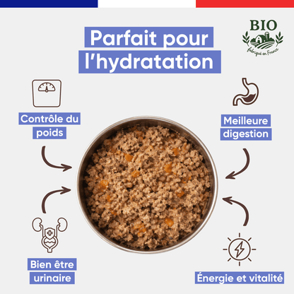 Infographie Félichef Bio présentant les bienfaits des émincés chat à la volaille : parfait pour l'hydratation, contrôle du poids, bonne santé urinaire, meilleure digestion et vitalité