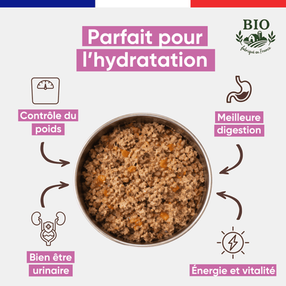 Gamelle en inox remplie de pâtée pour chat au saumon bio Félichef, avec les bienfaits clés : hydratation, contrôle du poids, meilleure digestion, bonne santé urinaire et vitalité