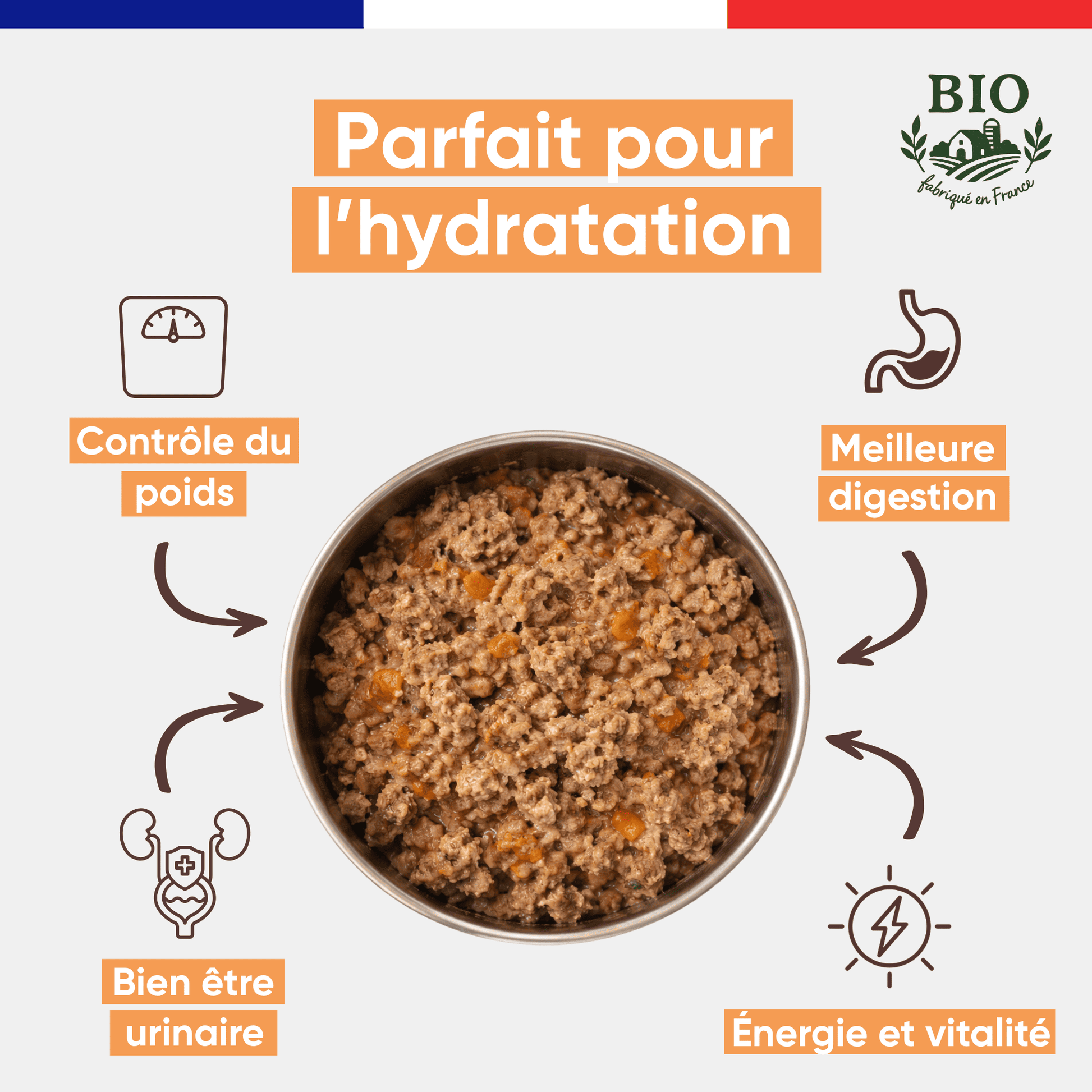 Gamelle en inox remplie de pâtée pour chat à la truite bio Félichef, avec les bienfaits clés : hydratation, contrôle du poids, meilleure digestion, bonne santé urinaire et vitalité
