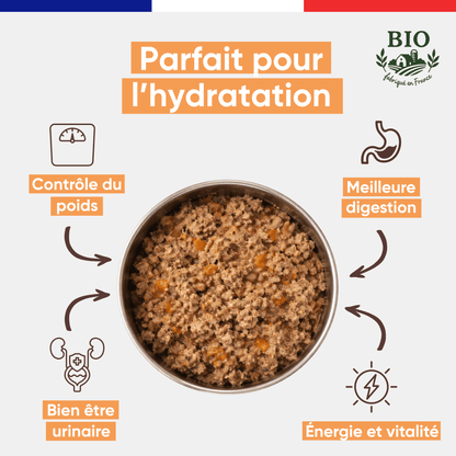 Gamelle en inox remplie de pâtée pour chat à la truite bio Félichef, avec les bienfaits clés : hydratation, contrôle du poids, meilleure digestion, bonne santé urinaire et vitalité