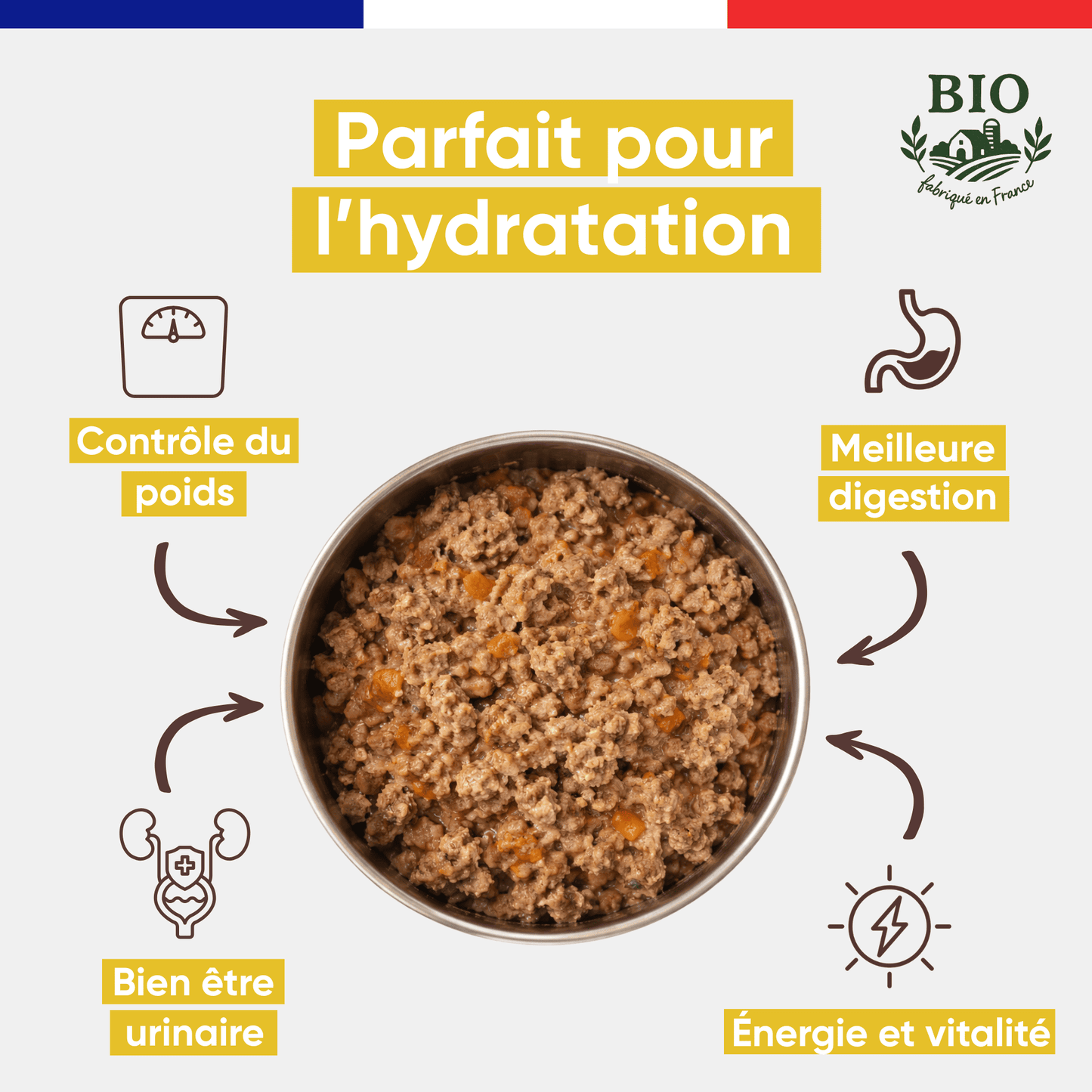 Gamelle en inox remplie de pâtée pour chat à la volaille bio Félichef, avec les bienfaits clés : hydratation, contrôle du poids, meilleure digestion, bonne santé urinaire et vitalité