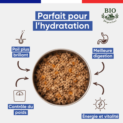 Gamelle en inox remplie de pâtée chien boeuf Canichef Bio, avec les bienfaits : parfait pour l'hydratation, poil plus brillant, contrôle du poids, meilleure digestion et vitalité