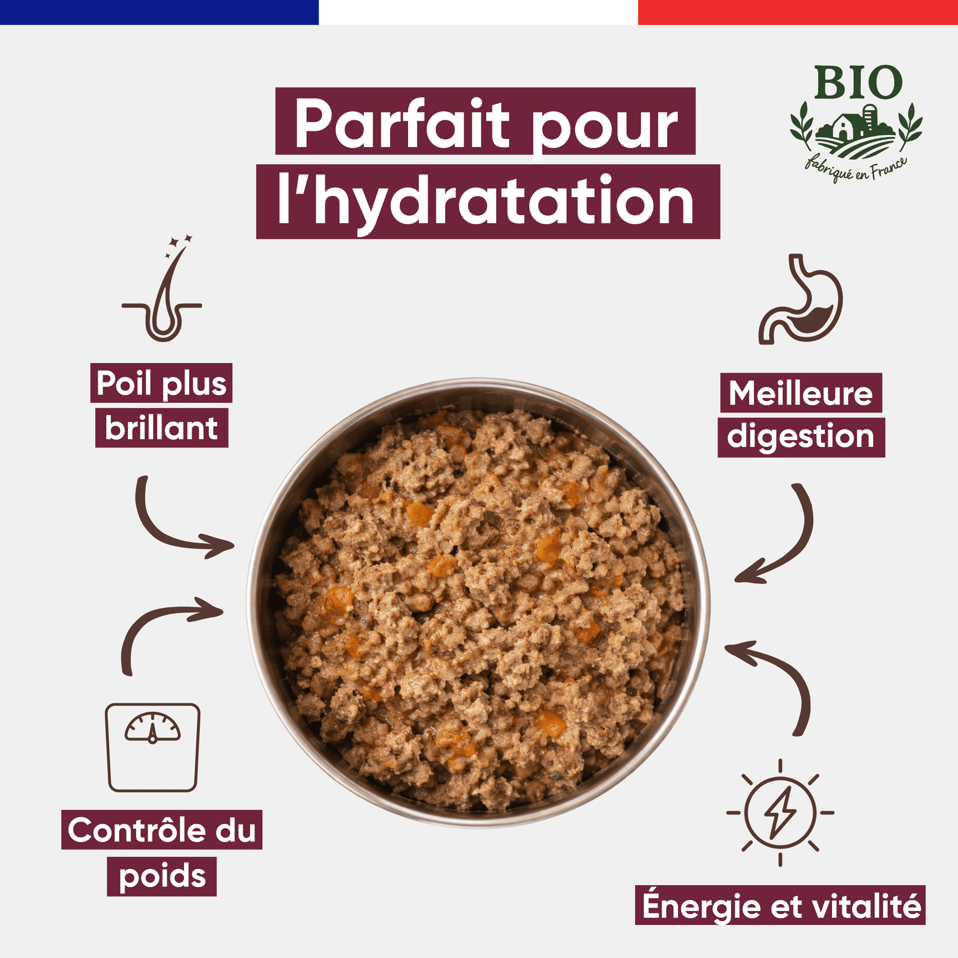 Gamelle en inox remplie de pâtée chien volaille Canichef Bio, avec les bienfaits : parfait pour l'hydratation, poil plus brillant, contrôle du poids, meilleure digestion et vitalité