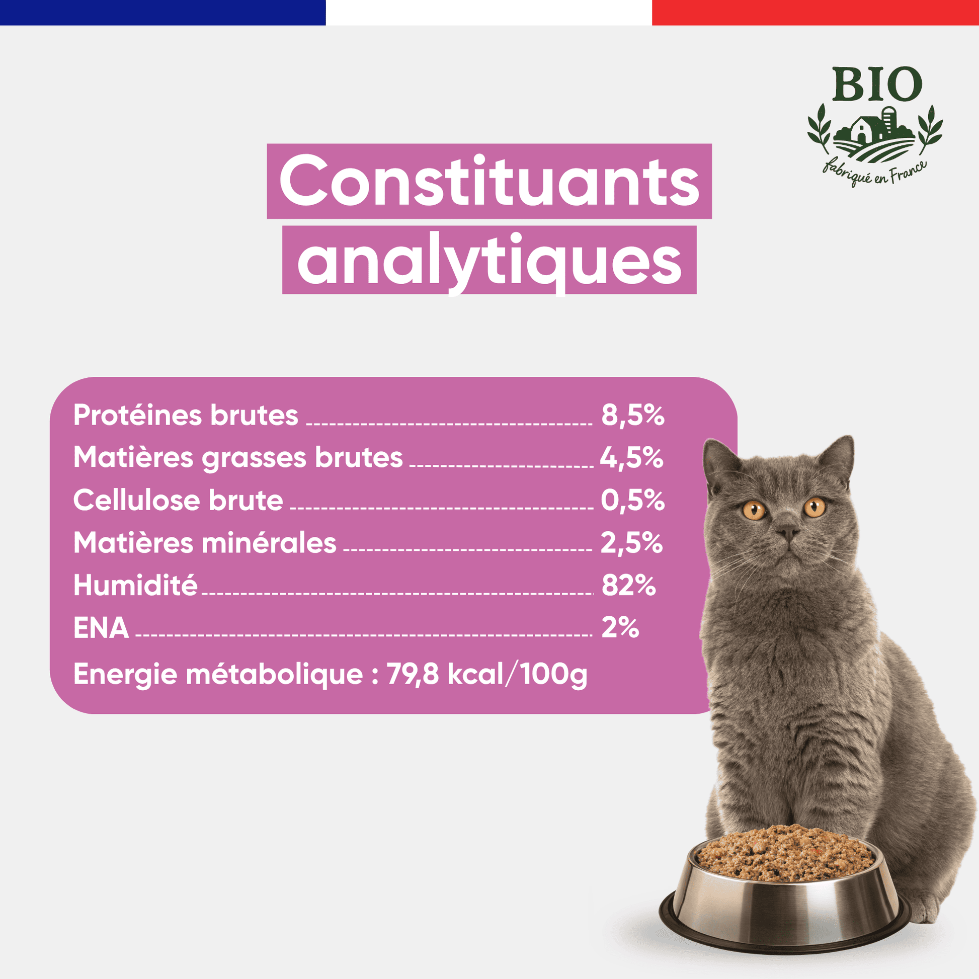 Chat British Shorthair gris assis devant sa gamelle avec les constituants analytiques de la pâtée pour chat au saumon Félichef Bio : 8,5% protéines brutes, 4,5% matières grasses, 82% d'humidité, 79,8 kcal/100g