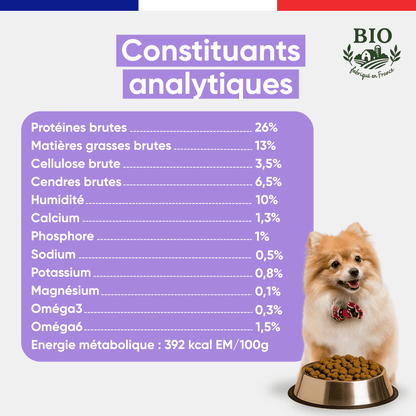 Spitz poméranien souriant assis devant sa gamelle avec les constituants analytiques des croquettes chien petite race Canichef Bio : 26% protéines brutes, 13% matières grasses, 392 kcal/100g