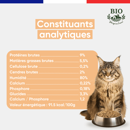Maine Coon assis devant sa gamelle avec les constituants analytiques de la mousse pour chat à la volaille Félichef Bio : 9% protéines brutes, 5,5% matières grasses, 80% d'humidité, 91,5 kcal/100g