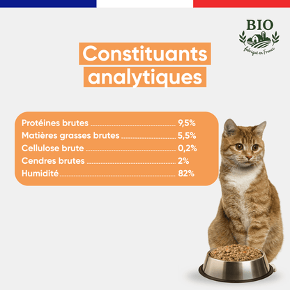 Chat roux assis devant sa gamelle avec les constituants analytiques de la pâtée pour chat à la truite Félichef Bio : 9,5% protéines brutes, 5,5% matières grasses, 82% d'humidité