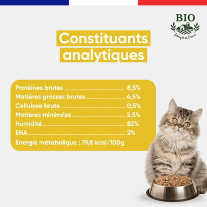 Chaton persan aux yeux dorés assis devant sa gamelle avec les constituants analytiques de la pâtée pour chat à la volaille Félichef Bio : 8,5% protéines brutes, 4,5% matières grasses, 82% d'humidité, 79,8 kcal/100g