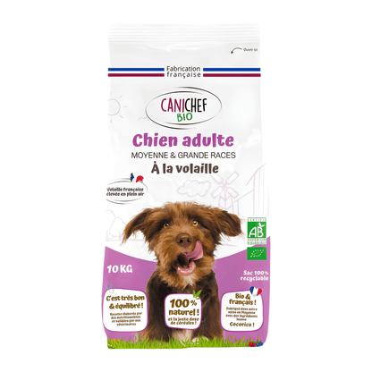 Sac de 10 kg de croquettes Canichef Bio pour chien adulte moyenne et grande races à la volaille française élevée en plein air, certifié Agriculture Biologique, 100% naturel, fabriqué en Mayenne