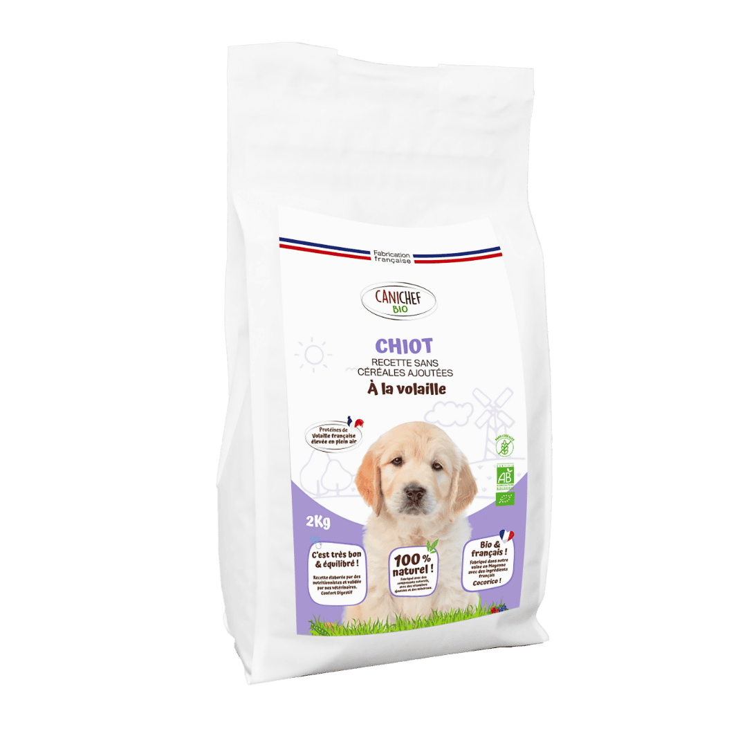Un sac de croquettes sans céréales bio pour chiot est au centre de l’image. Le sac violet de 5 kg contient des croquettes naturelles saveur volaille. Le fond est blanc.