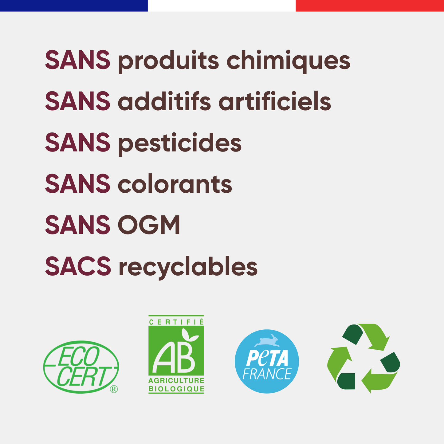 Engagements Canichef Bio pour la pâtée chien volaille : sans produits chimiques, sans additifs artificiels, sans pesticides, sans colorants, sans OGM, sacs recyclables, certifiée Ecocert AB et PETA France