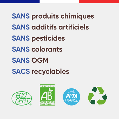 Engagements Canichef Bio pour la pâtée chien boeuf : sans produits chimiques, sans additifs artificiels, sans pesticides, sans colorants, sans OGM, sacs recyclables, certifiée Ecocert AB et PETA France
