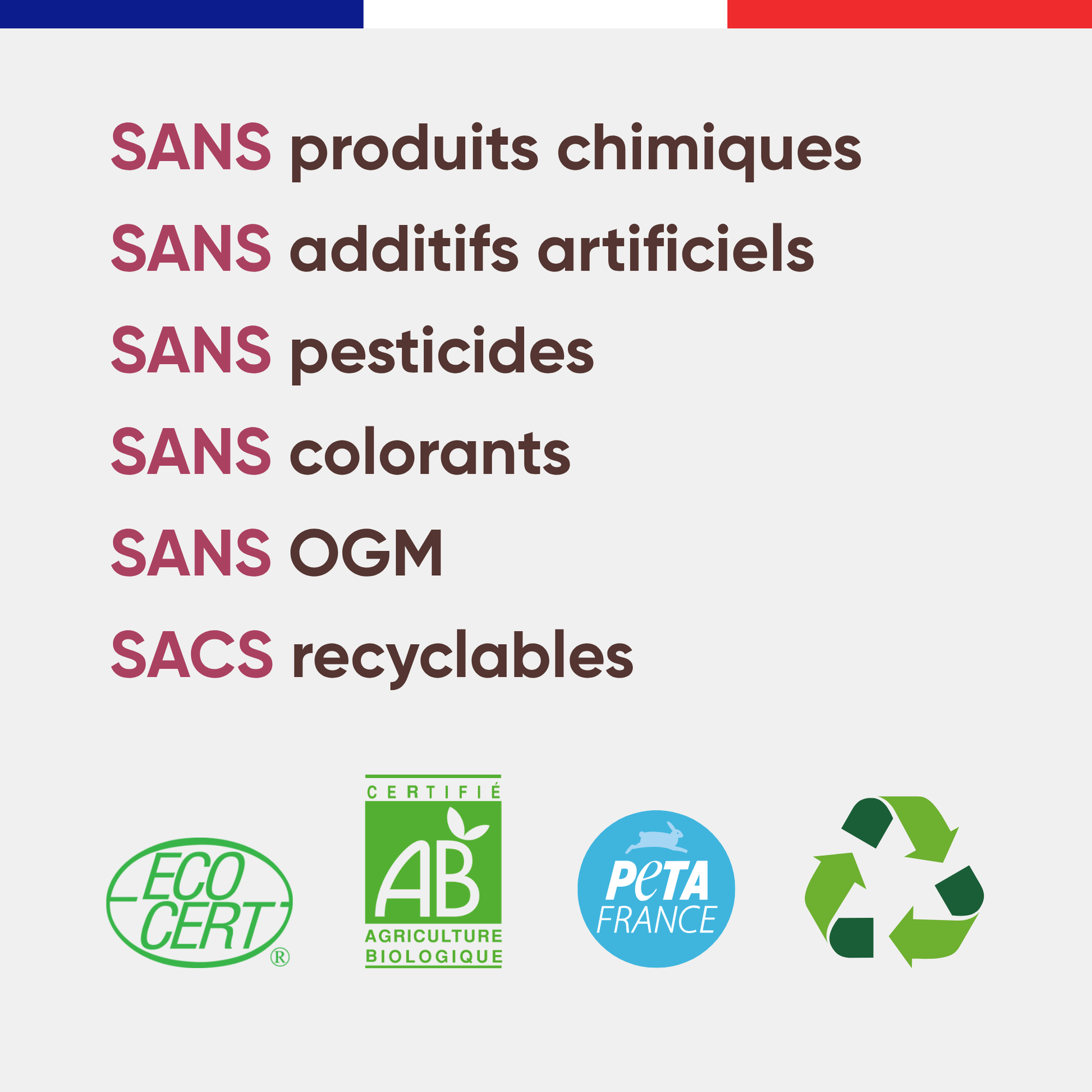 Engagements Canichef Bio pour les croquettes chiot : sans produits chimiques, sans additifs artificiels, sans pesticides, sans colorants, sans OGM, sacs recyclables, certifiées Ecocert AB et PETA France