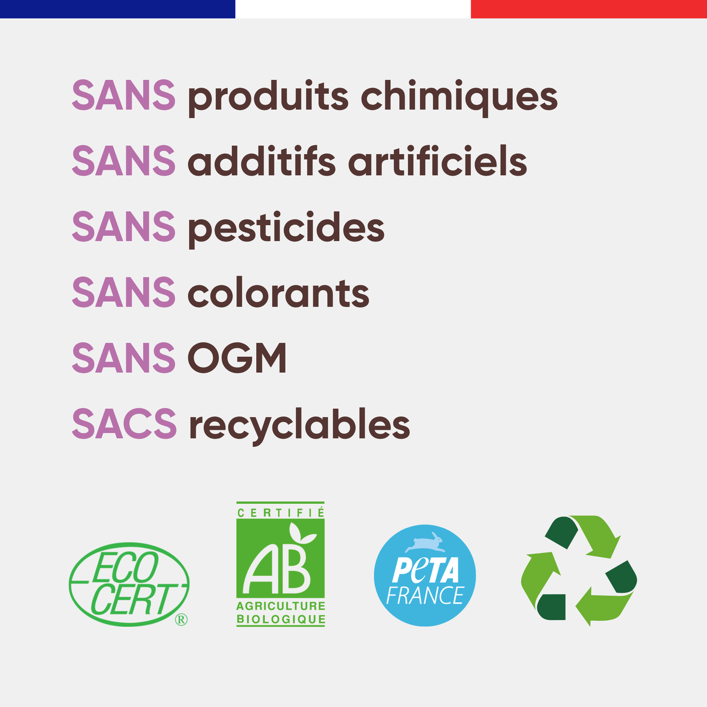 Engagements Canichef Bio pour les croquettes chien moyenne et grande race : sans produits chimiques, sans additifs artificiels, sans pesticides, sans colorants, sans OGM, sacs recyclables, certifiées Ecocert AB et PETA France