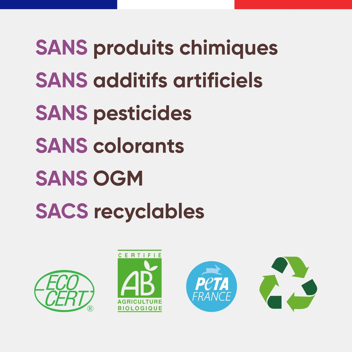 Engagements Canichef Bio pour la mousse chien volaille boeuf : sans produits chimiques, sans additifs artificiels, sans pesticides, sans colorants, sans OGM, sacs recyclables, certifiée Ecocert AB et PETA France