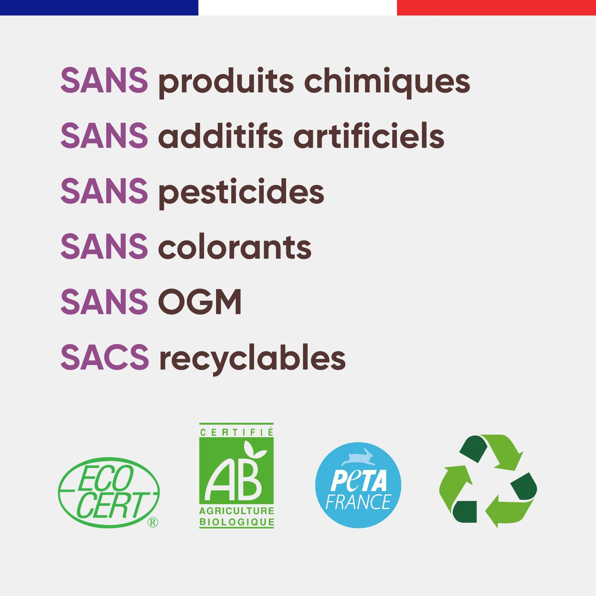 Engagements Canichef Bio pour la mousse chien volaille boeuf : sans produits chimiques, sans additifs artificiels, sans pesticides, sans colorants, sans OGM, sacs recyclables, certifiée Ecocert AB et PETA France