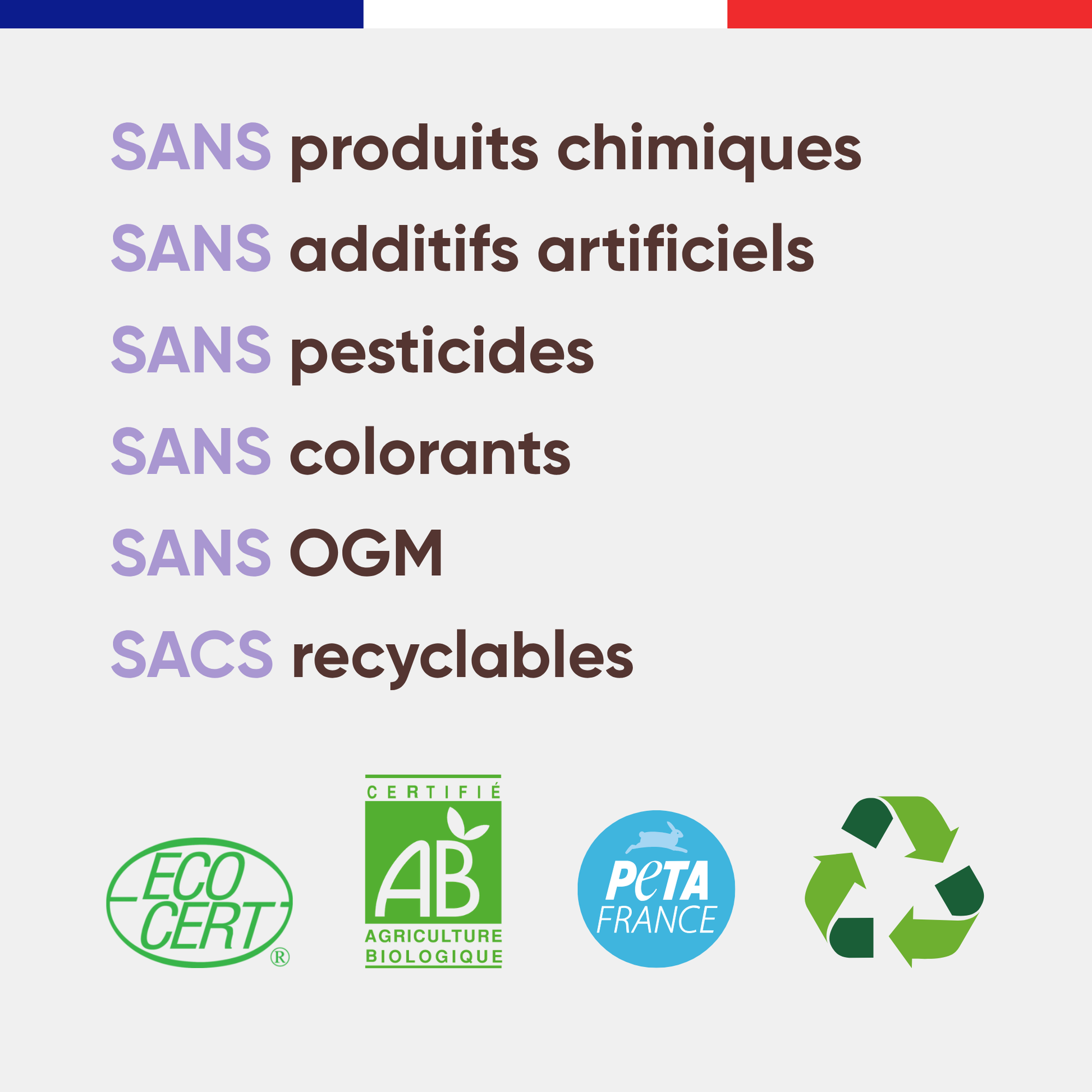 Engagements Canichef Bio pour les croquettes sans céréales chiot : sans produits chimiques, sans additifs artificiels, sans pesticides, sans colorants, sans OGM, sacs recyclables, certifiées Ecocert AB et PETA France