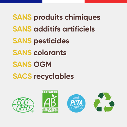 Engagements Félichef Bio pour la pâtée chat à la volaille : sans produits chimiques, sans additifs artificiels, sans pesticides, sans colorants, sans OGM, sacs recyclables, certifiée Ecocert AB et PETA France