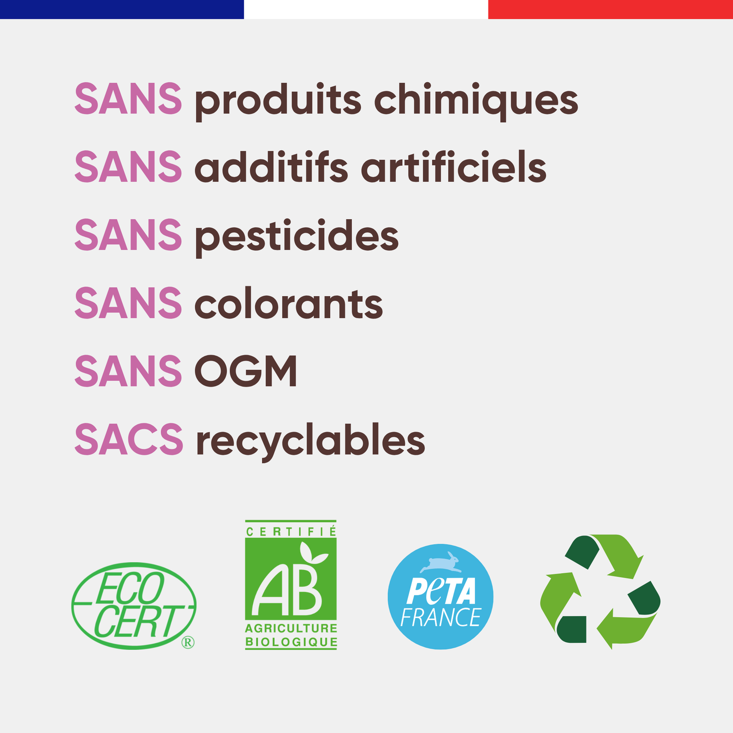 Engagements Félichef Bio pour la pâtée chat au saumon : sans produits chimiques, sans additifs artificiels, sans pesticides, sans colorants, sans OGM, sacs recyclables, certifiée Ecocert AB et PETA France