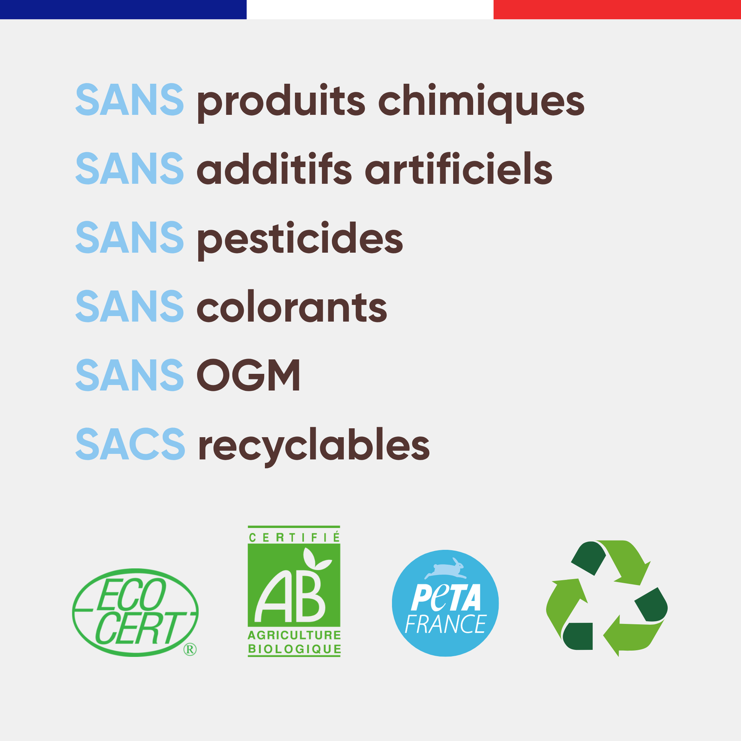 Engagements Félichef Bio pour la mousse chat au saumon : sans produits chimiques, sans additifs artificiels, sans pesticides, sans colorants, sans OGM, sacs recyclables, certifiée Ecocert AB et PETA France