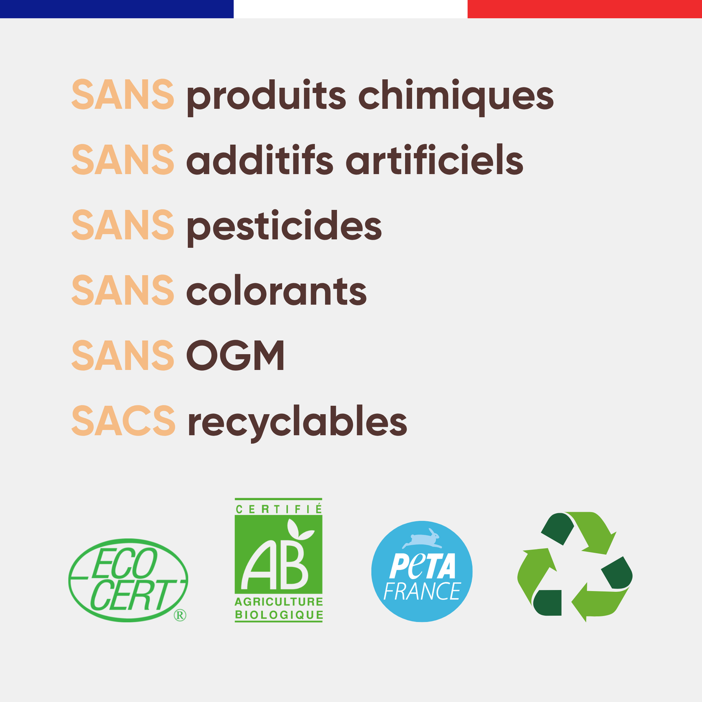 Engagements Félichef Bio pour la mousse chat : sans produits chimiques, sans additifs artificiels, sans pesticides, sans colorants, sans OGM, sacs recyclables, certifiée Ecocert AB et PETA France
