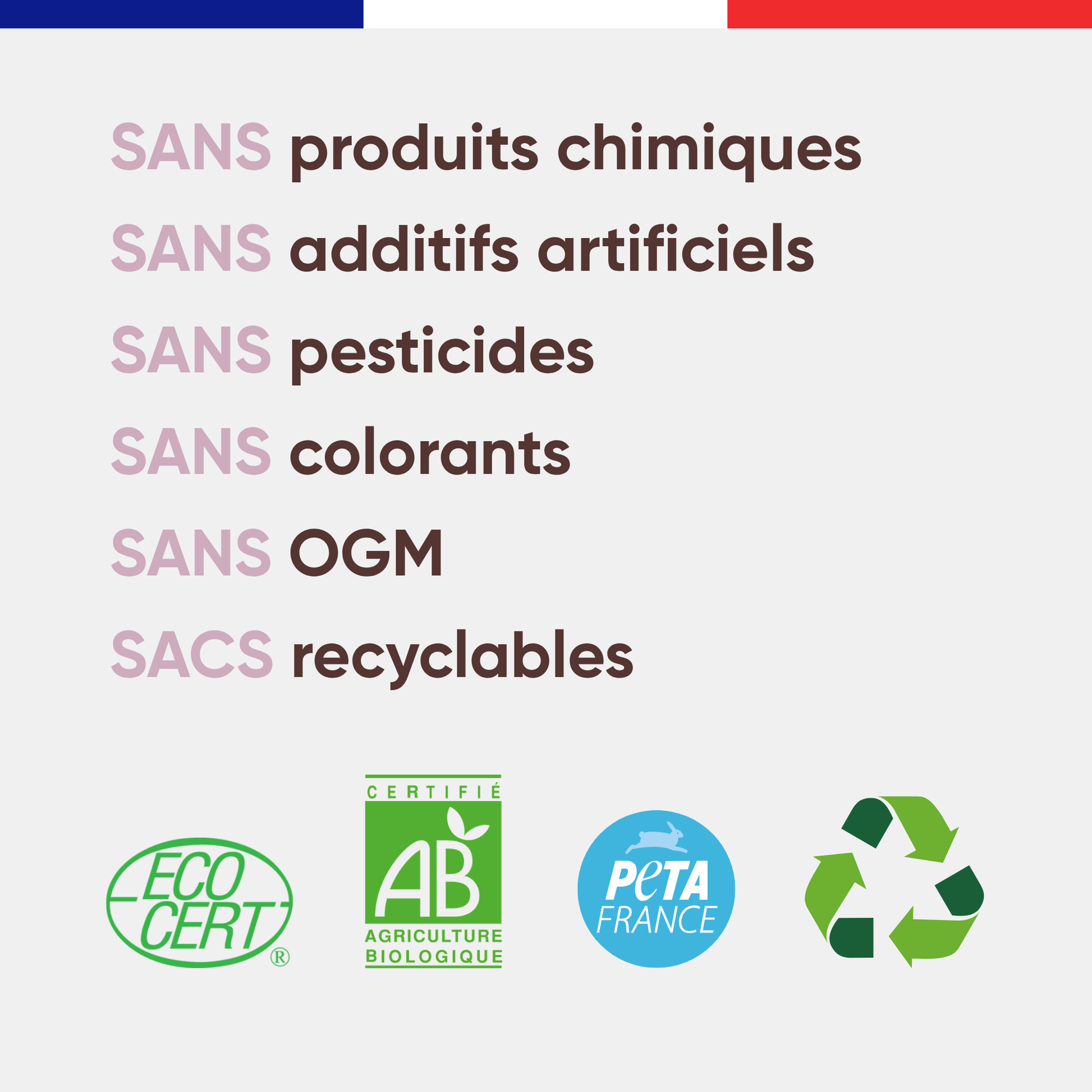 Visuel des engagements Félichef Bio pour les croquettes sans céréales chaton : sans produits chimiques, sans additifs artificiels, sans pesticides, sans colorants, sans OGM, certifiées Ecocert, AB et PETA France