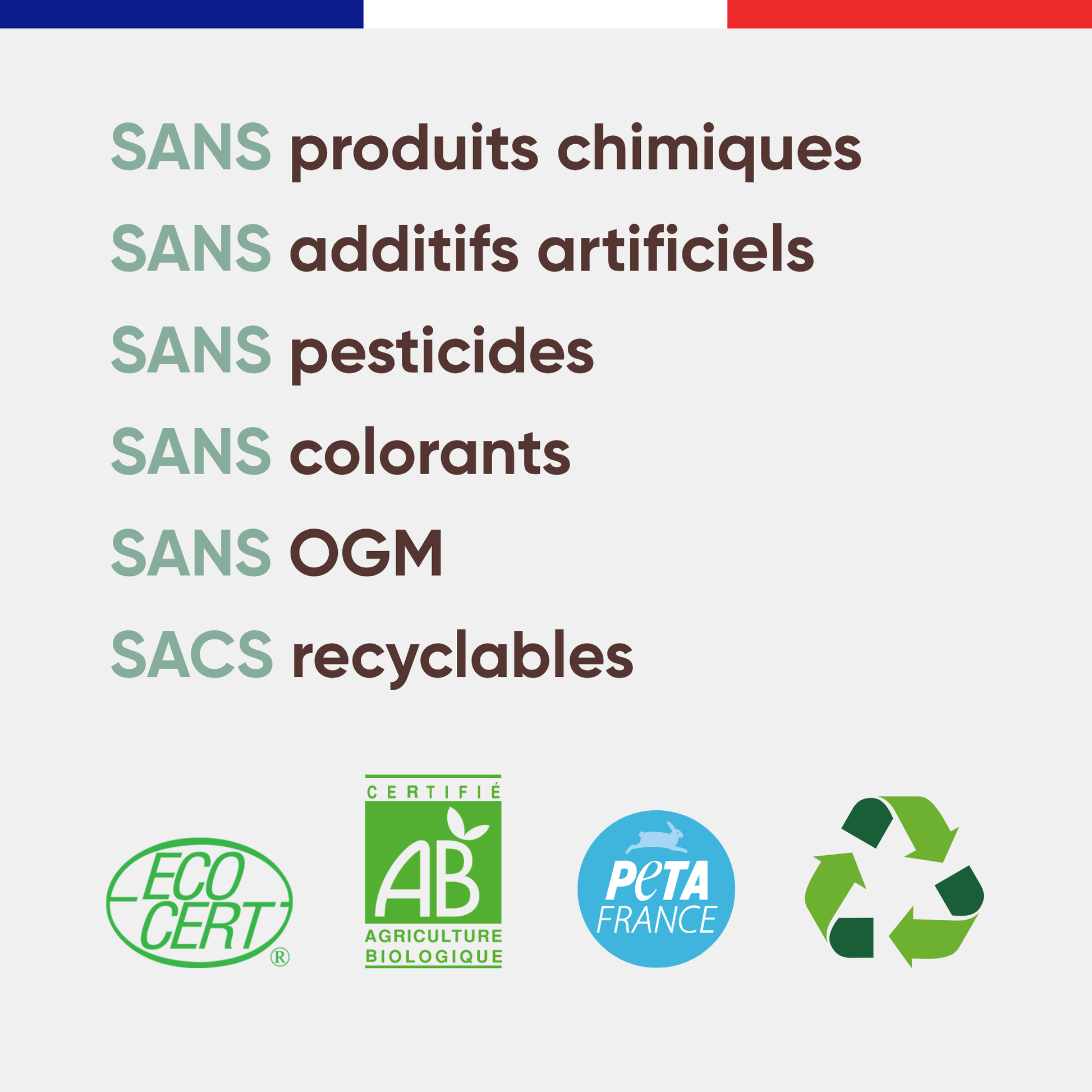 Visuel des engagements Félichef Bio pour les croquettes sans céréales chat senior : sans produits chimiques, sans additifs artificiels, sans pesticides, sans colorants, sans OGM, certifiées Ecocert, AB et PETA France