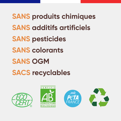 Visuel des engagements Félichef Bio pour les croquettes sans céréales chat stérilisé : sans produits chimiques, sans additifs artificiels, sans pesticides, sans colorants, sans OGM, certifiées Ecocert, AB et PETA France