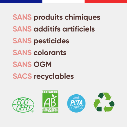 Visuel des engagements Félichef Bio : croquettes pour chat sans produits chimiques, sans additifs artificiels, sans pesticides, sans colorants, sans OGM, certifiées Ecocert, AB et PETA France