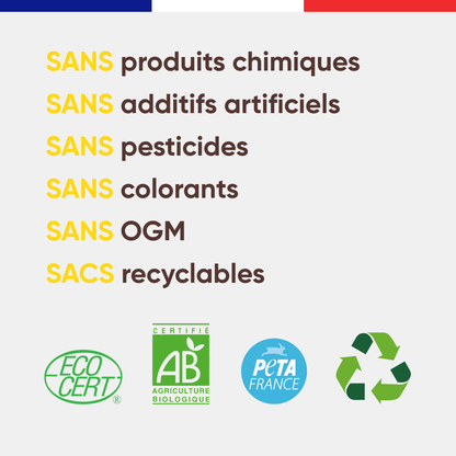 Visuel des engagements Félichef Bio pour les croquettes chat stérilisé : sans produits chimiques, sans additifs artificiels, sans pesticides, sans colorants, sans OGM, certifiées Ecocert, AB et PETA France