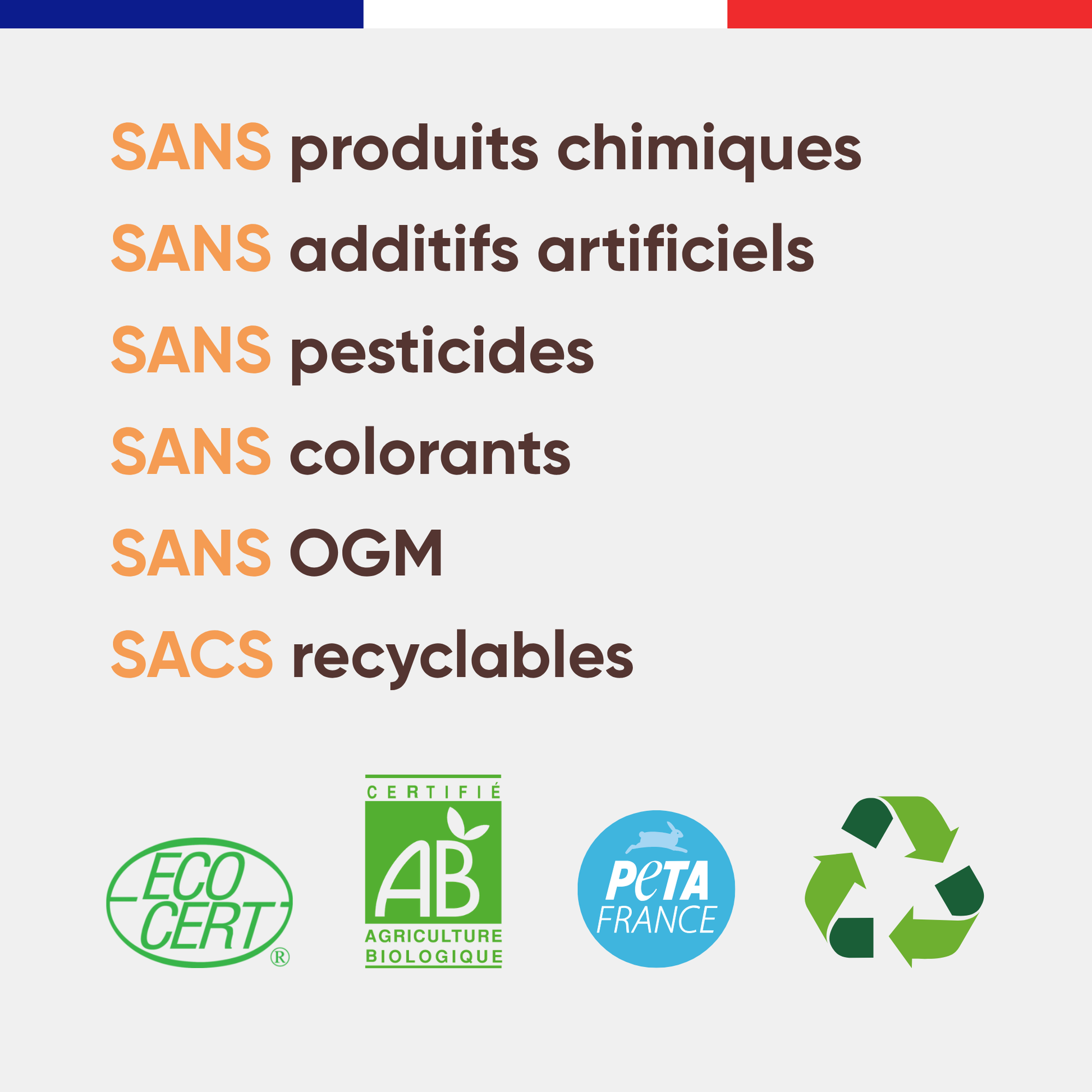 Engagements Félichef Bio pour la pâtée chat à la truite : sans produits chimiques, sans additifs artificiels, sans pesticides, sans colorants, sans OGM, sacs recyclables, certifiée Ecocert AB et PETA France