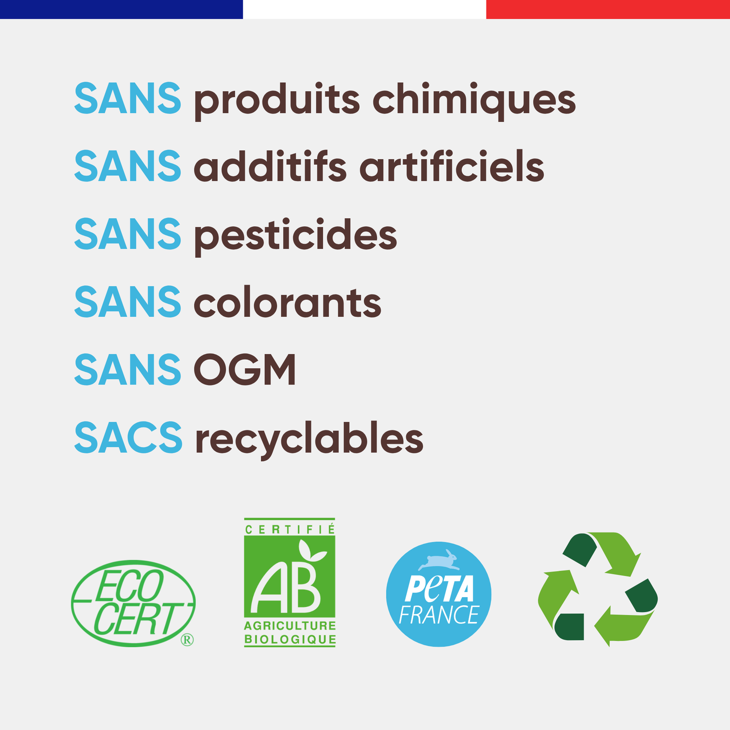 Visuel des engagements Félichef Bio pour les croquettes sans céréales au poisson : sans produits chimiques, sans additifs artificiels, sans pesticides, sans colorants, sans OGM, certifiées Ecocert, AB et PETA France