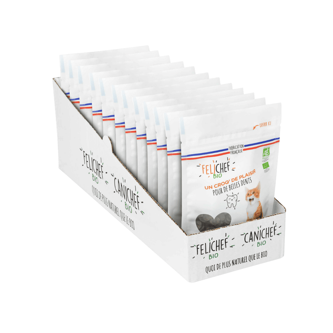 Un pack de 9 sachets de friandises hygiène bucco-dentaire pour chat est au centre de l’image. Les sachets de 80 gr contiennent des friandises naturelles. Le fond est blanc.