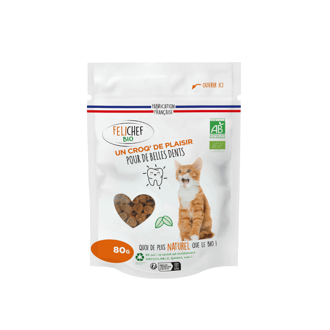 Un sachet de friandises hygiène bucco-dentaire pour chat est au centre de l’image. Le sachet de 80 gr continent des friandises naturelles. Le fond est blanc.