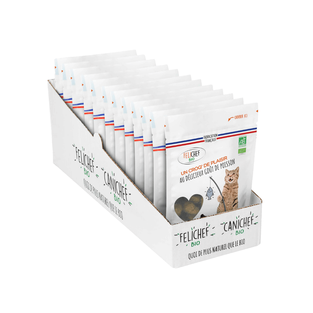 Un pack de 9 sachets de friandises pour chat est au centre de l’image. Les sachets de 80 gr contiennent des friandises naturelles saveur poisson. Le fond est blanc.