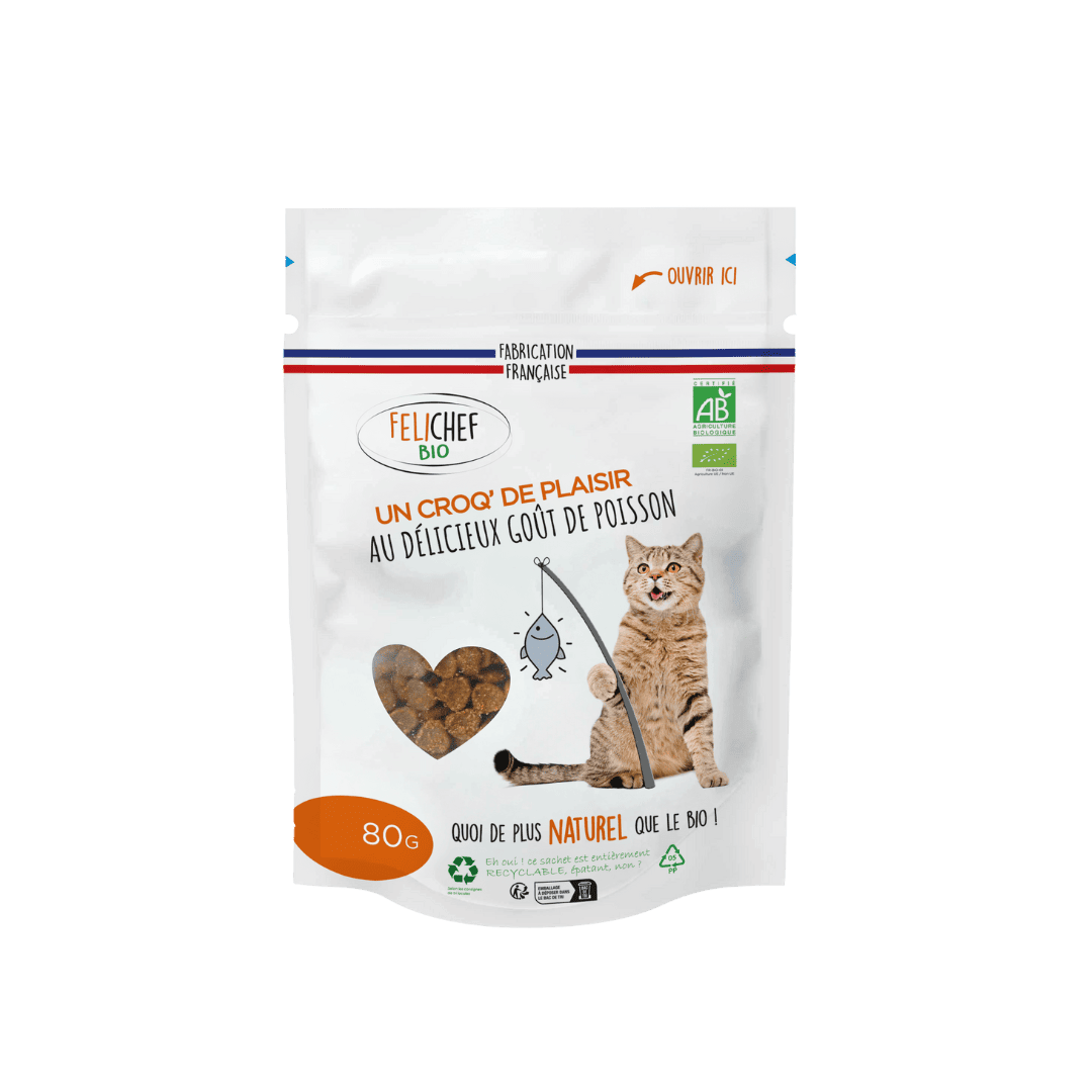 Un sachet de friandises pour chien est au centre de l’image. Le sachet de 80 gr continent des friandises naturelles saveur poisson. Le fond est blanc.