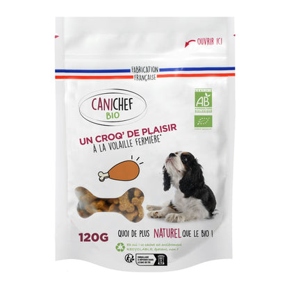 Un sachet de friandises pour chien bio et naturelles est au centre de l'image. Elles sont à la volaille et un chien est sur le paquet. Le fond est blanc.